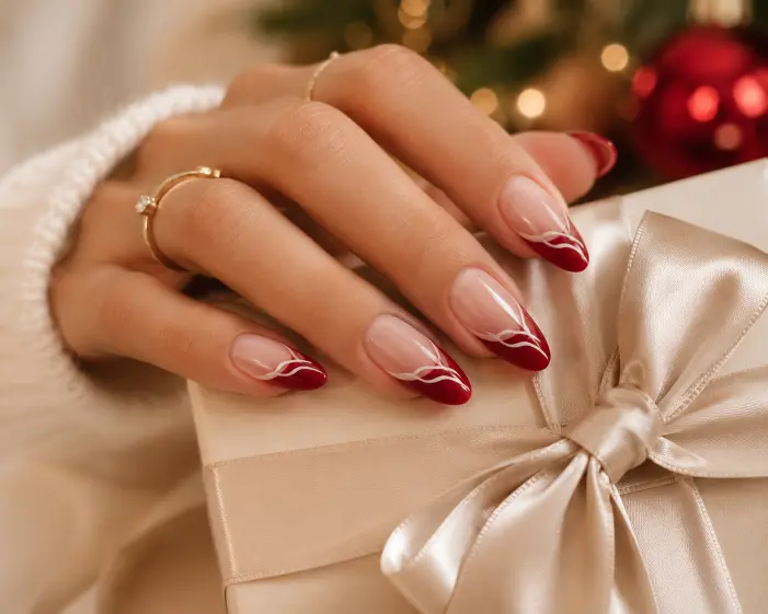 Thin Red Micro French Almond Nails