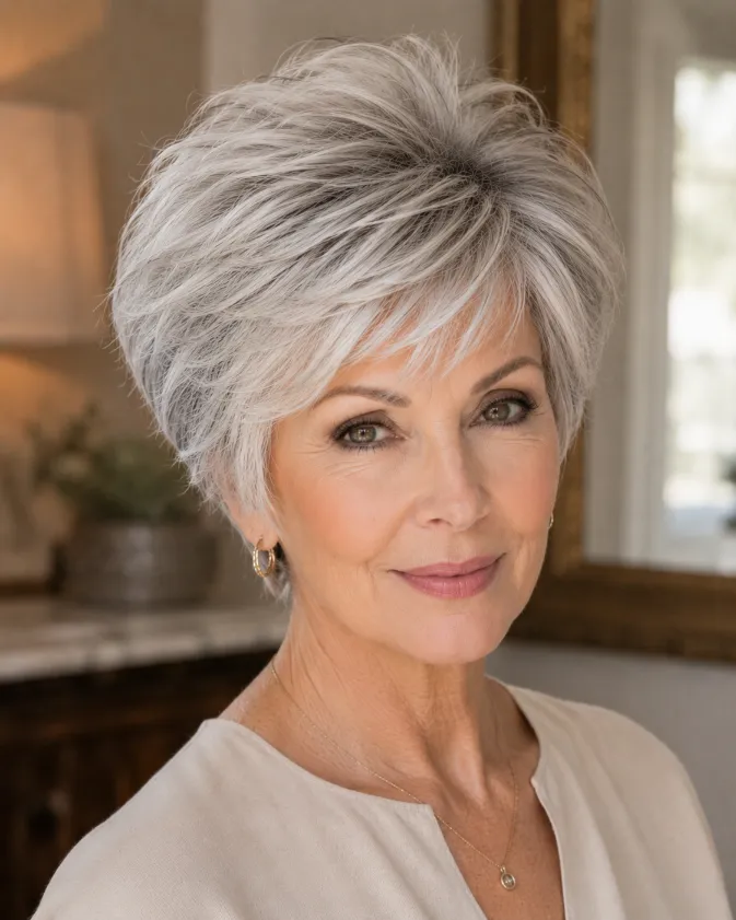 Voluminous silver bixie haircut designed for thin hair.
