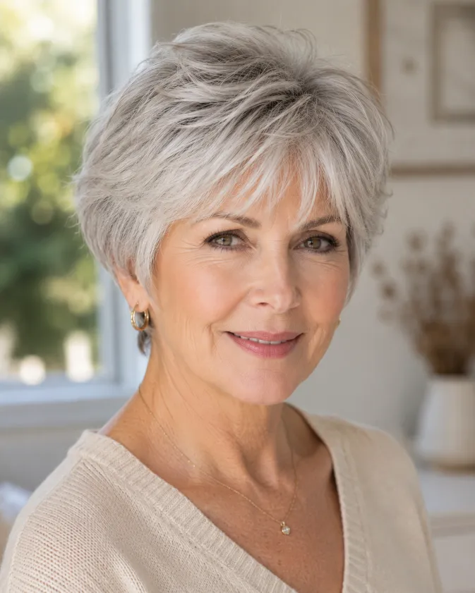 Low-maintenance wash-and-wear silver bixie hairstyle.