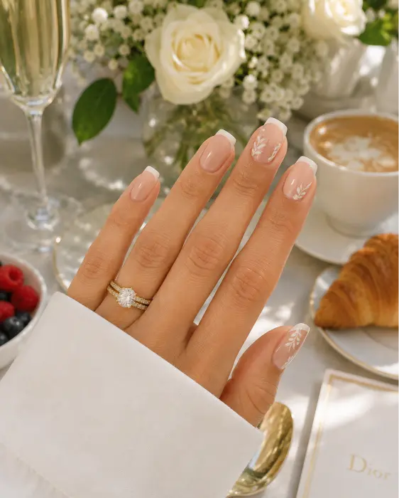 White Botanical French Nails