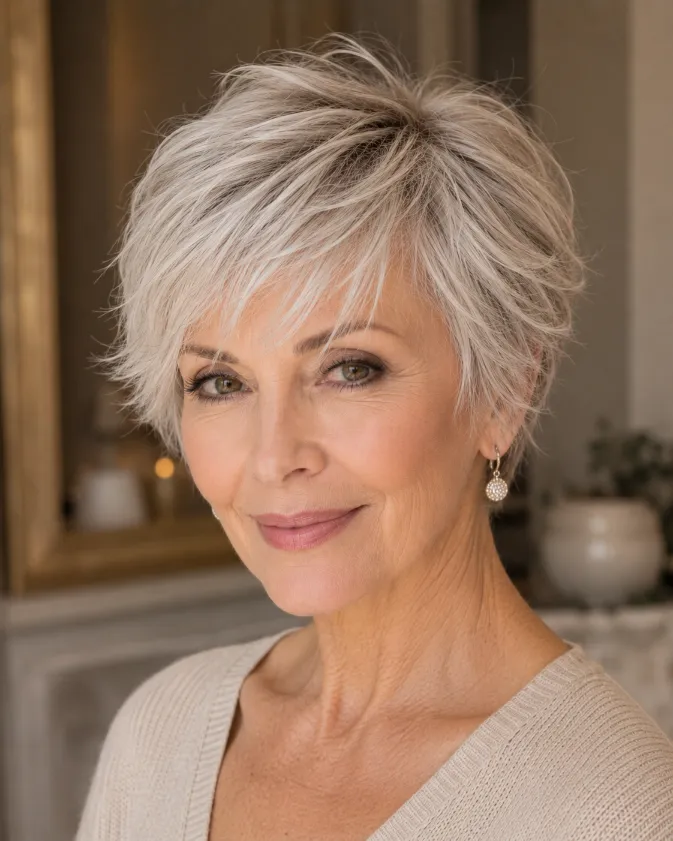 Wispy silver blonde bixie haircut with feathered texture.