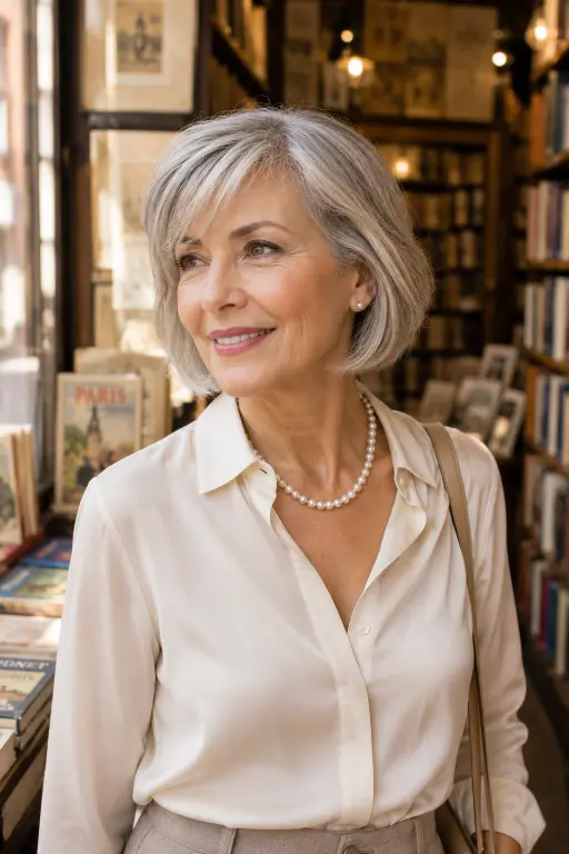 Airy French bob with side bangs for women over 60.