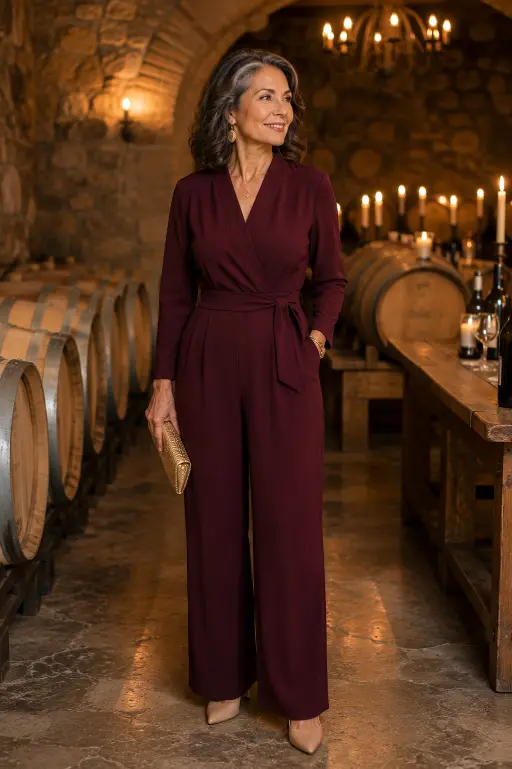 Burgundy Long-Sleeve Crepe Jumpsuit