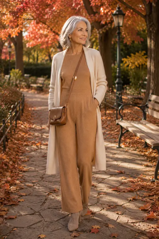 Camel Knit Jumpsuit with Long Cardigan