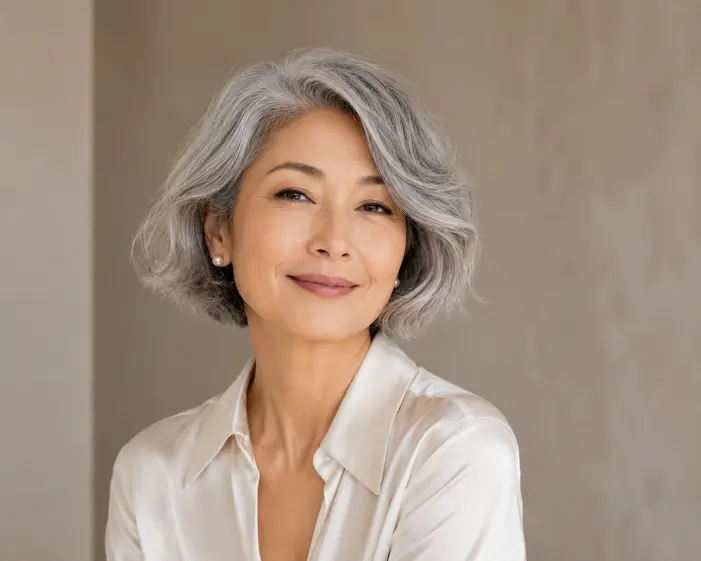 Chin-length gray wavy bob hairstyle