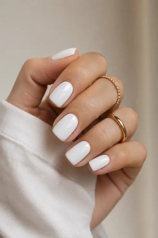Classic glossy white nails on short square nails with a clean and elegant finish.