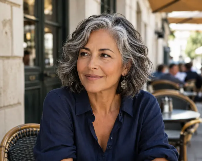 Classic salt and pepper wavy bob hairstyle