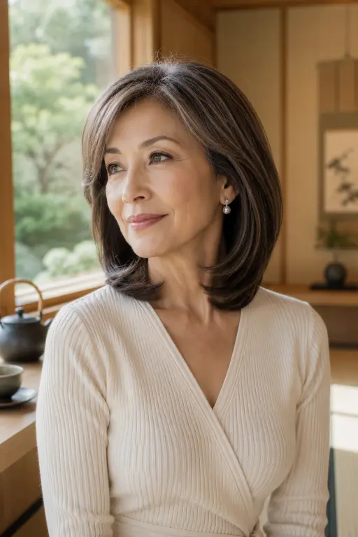 Elegant C-cut medium hairstyle for women over 60.