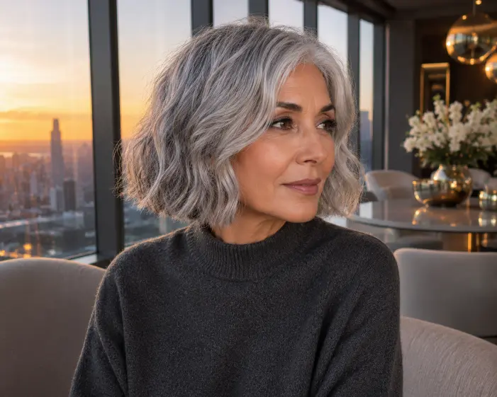 Elegant blunt gray wavy bob hairstyle