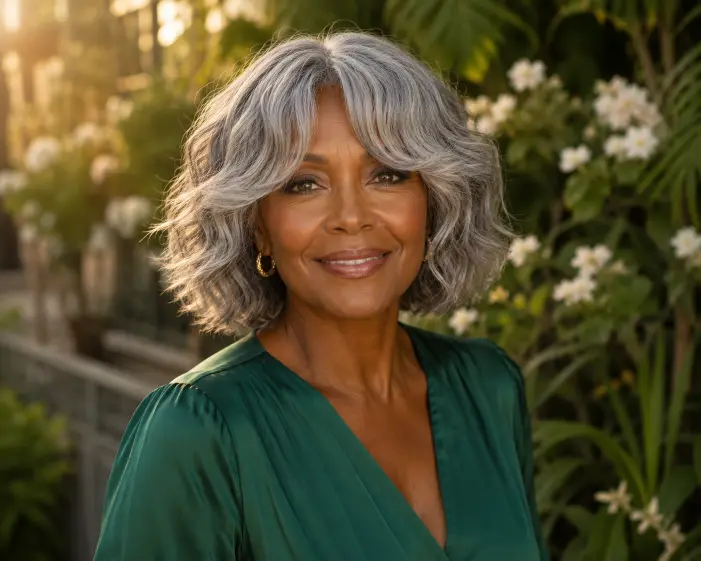 Gray wavy bob hairstyle with curtain bangs