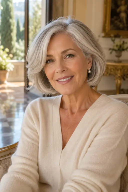 Elegant Italian bob with soft silver layers for women over 60