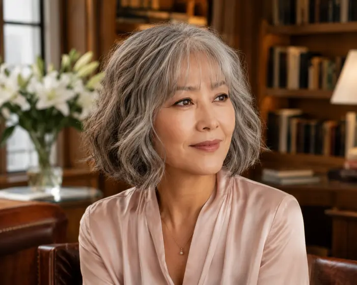 Layered gray wavy bob with wispy bangs