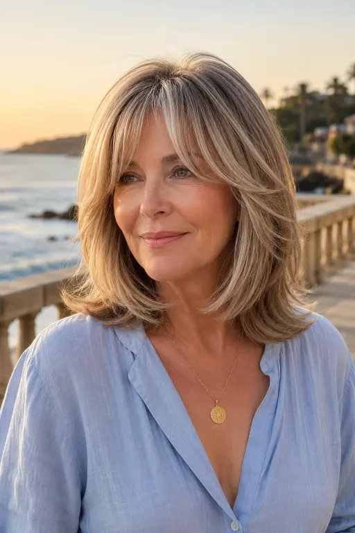 Layered midi haircut with curtain bangs for women over 60.