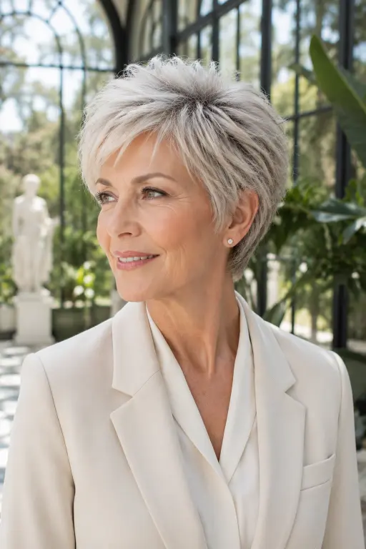 Long feathered pixie haircut for women over 60.
