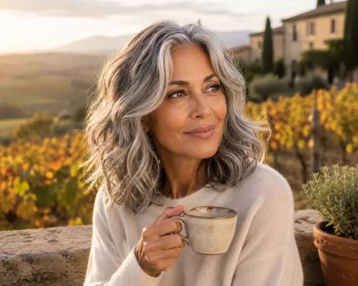 Long gray wavy lob hairstyle for mature women
