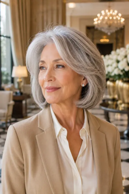 Luxury silver blowout bob hairstyle for women over 60.