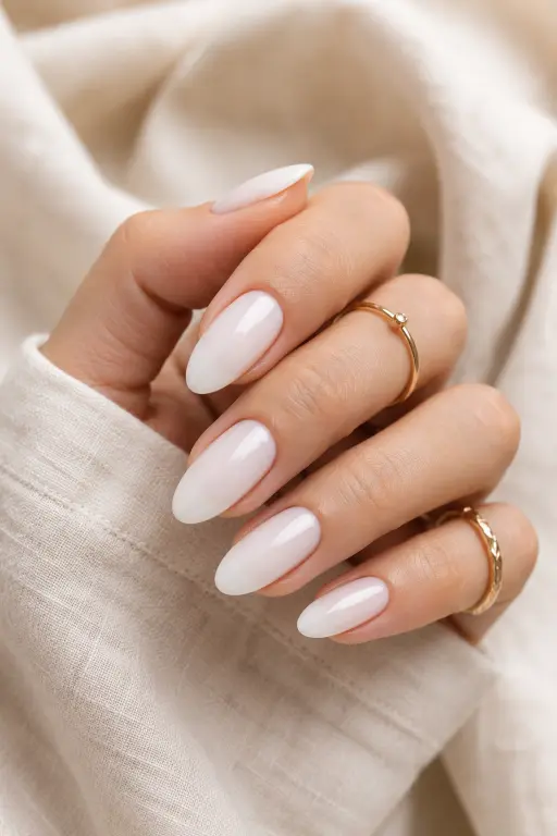 Milky white almond nails with a soft glossy finish and elegant neutral styling.