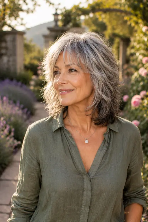 Modern layered shag hairstyle for women over 60.