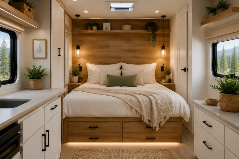 Small camper interior with natural wood accent wall and Scandinavian-inspired decor.