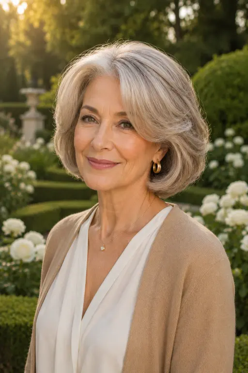 Rounded volume bob hairstyle for women over 60.