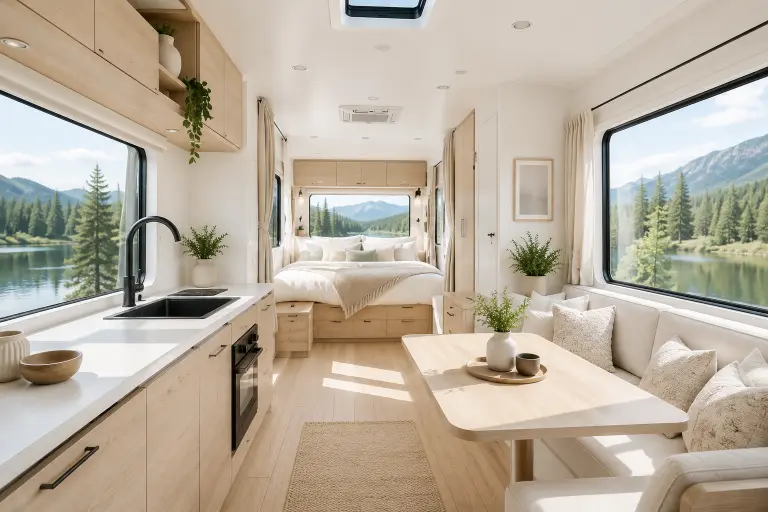 Scandinavian-inspired small camper interior with bright minimalist decor.