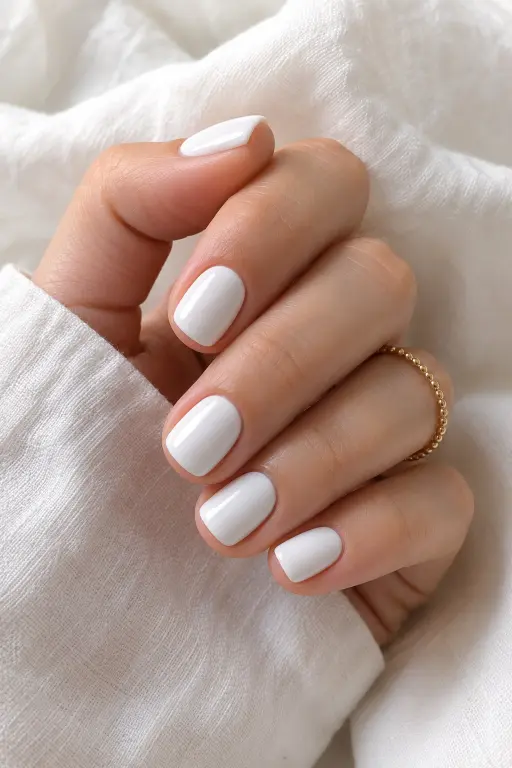 Short white nails with a simple glossy finish for a clean everyday manicure.