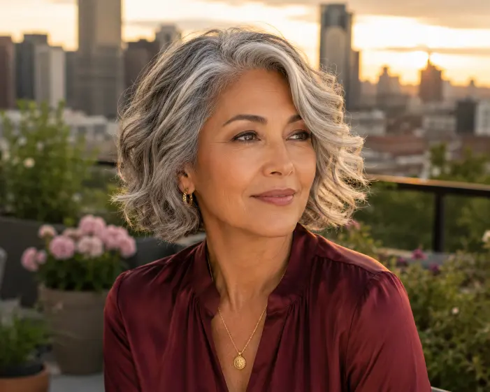 Side-part gray wavy bob hairstyle