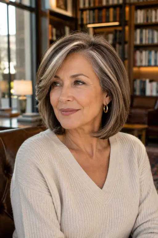 Side-part layered bob hairstyle for women over 60.