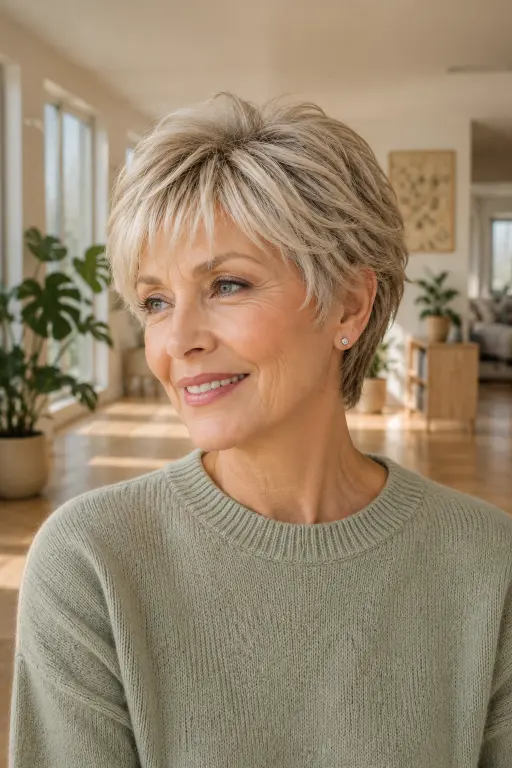 Soft bixie haircut with wispy fringe for women over 60.