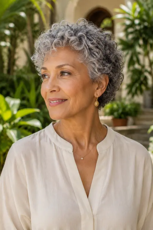 Soft curly crop hairstyle for women over 60.