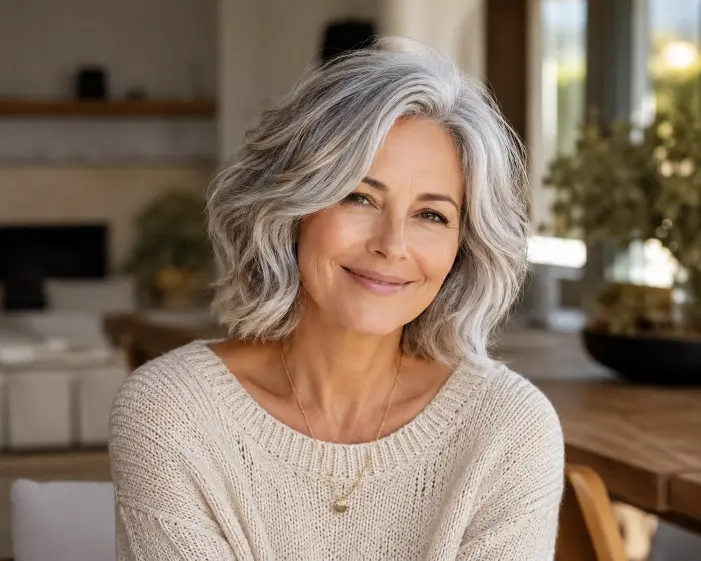 Soft layered gray wavy bob hairstyle for women over 50