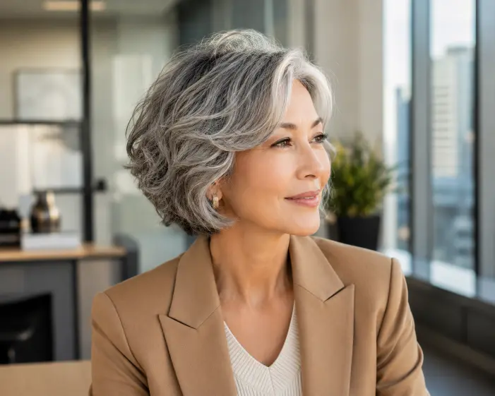 Stacked gray wavy bob hairstyle with volume