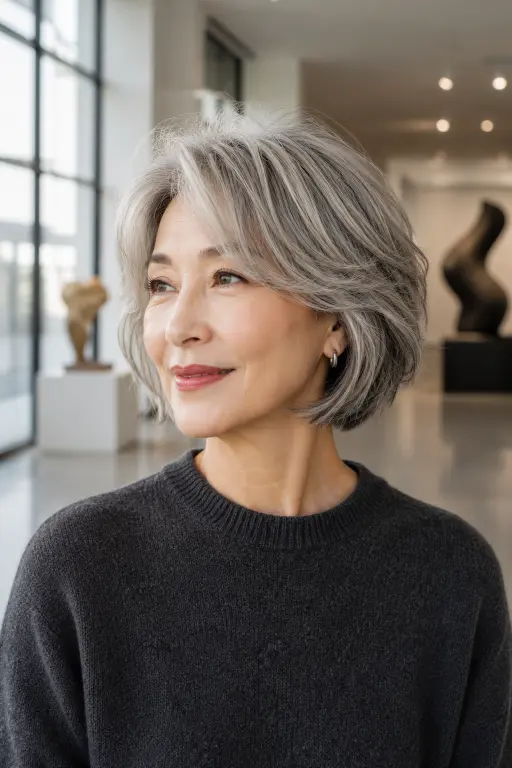 Textured razor bob hairstyle for women over 60.
