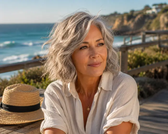 Tousled beach wave gray wavy bob hairstyle