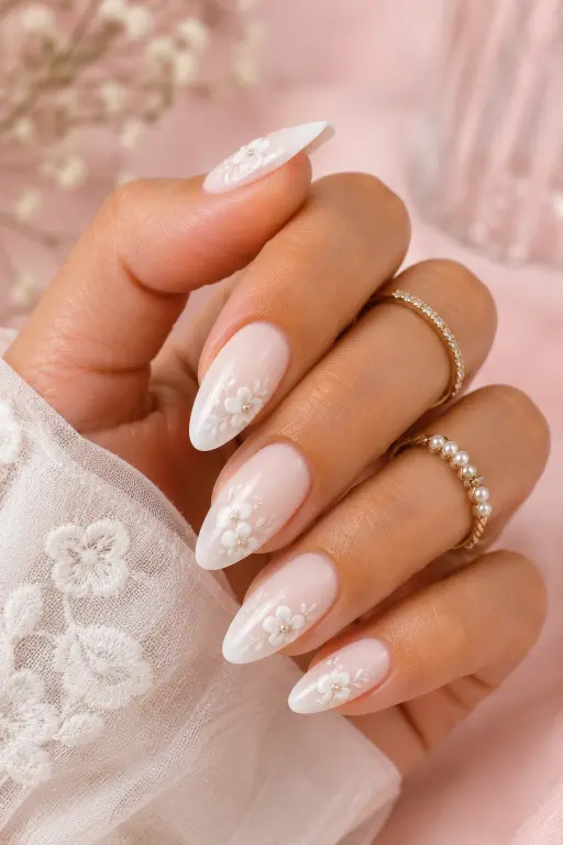 Milky white nails with delicate white floral nail art on almond-shaped nails.
