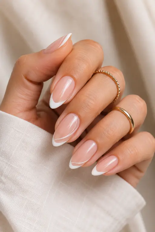 White French tip nails with modern line details on elegant almond-shaped nails.