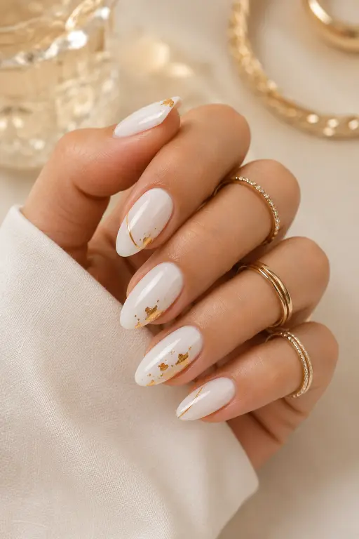 White nails with delicate gold accents and elegant metallic details