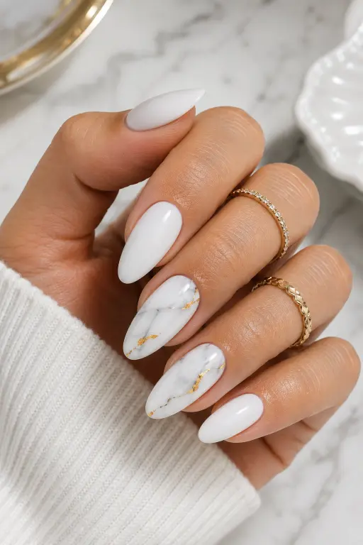White marble nails with soft gray veining and subtle gold accent details.