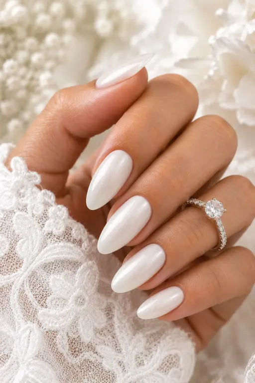 Elegant white wedding nails with milky polish, soft shimmer, and a bridal ring.