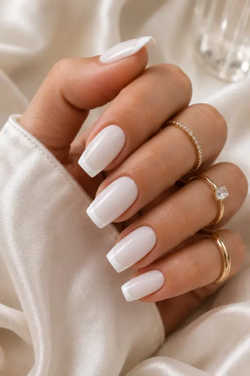 White-on-white French nails with milky bases and glossy white tips.