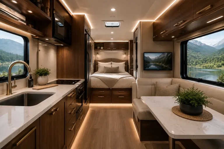 Luxury small camper interior with premium finishes, custom cabinetry, and elegant modern styling.