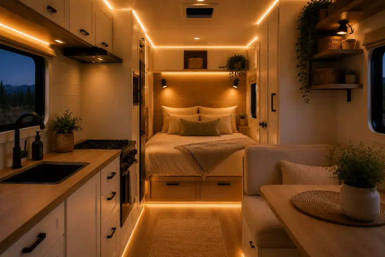 Small camper bedroom with warm ambient LED lighting creating a cozy atmosphere.