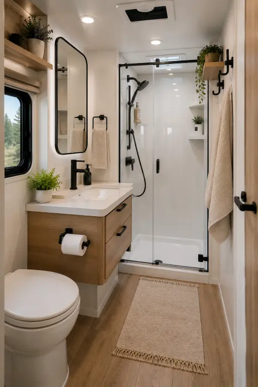 Tiny camper bathroom with modern floating vanity, smart storage, and compact fixtures.
