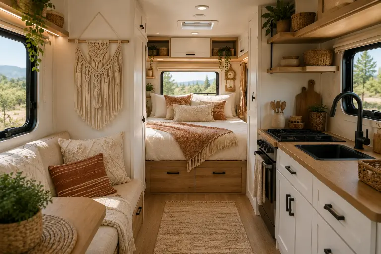 Boho-inspired small camper interior with natural textures and cozy decor.