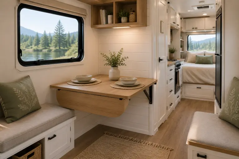 Fold-down dining table inside a small camper with built-in bench seating.