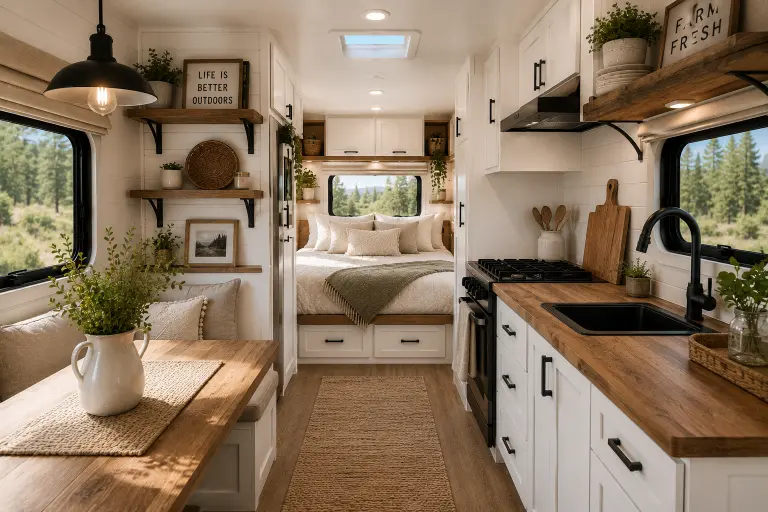 Modern farmhouse camper interior with white cabinets and rustic wood accents.