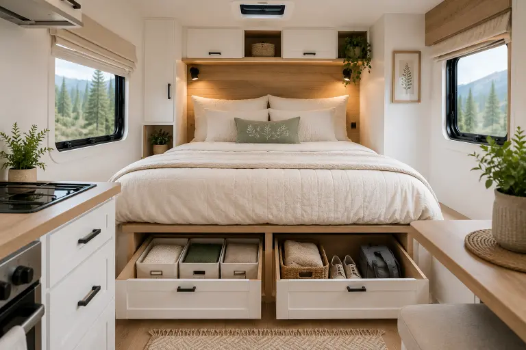 Under-bed storage solution inside a modern small camper bedroom.