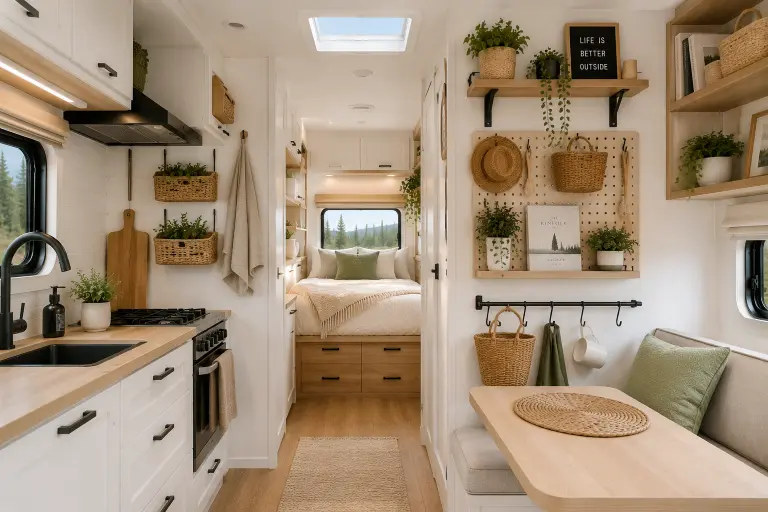Vertical wall storage ideas for organizing a small camper interior.