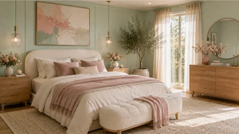 Cozy Mint Green Bedroom With Blush Pink Accents