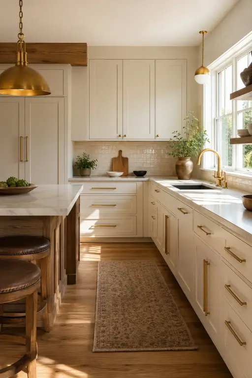 Creamy White Kitchen With Wood and Brass